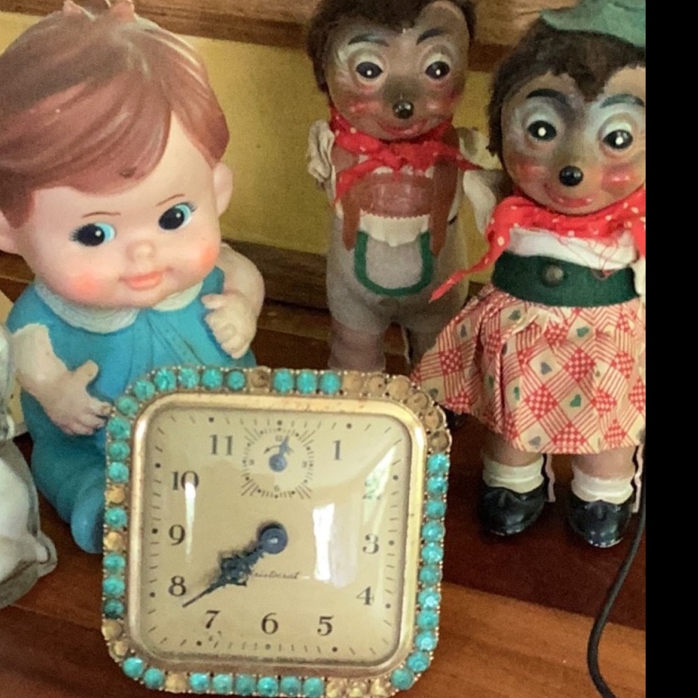 Rare Aristocrat  AQUA MARINE Jewel GOLD TONE Desk Clock 1930’s Alarm Clock 😎